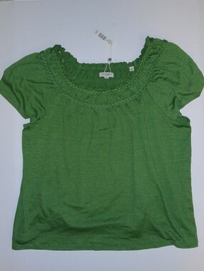 Max Studio London Braided Smock Neck Peasant Blouse, Short Sleeve, Green 14/16
